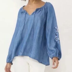 Lauren Conrad Blouse Womens Medium Blue Chambray Long Sleeves Embroidered NWT